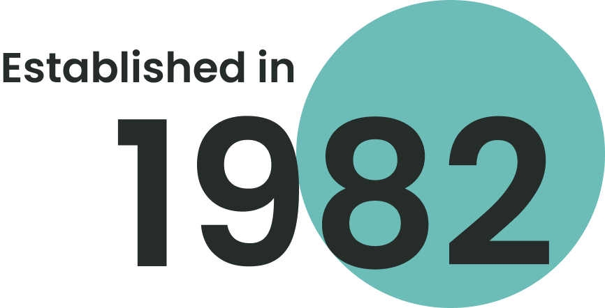Logo with 'Established in 1987' text in black and teal.